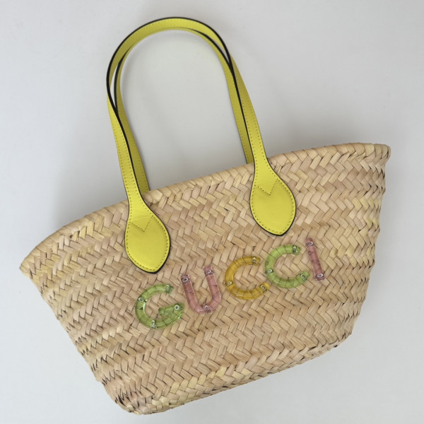 G*u*i mini straw tote with G*u*i logo